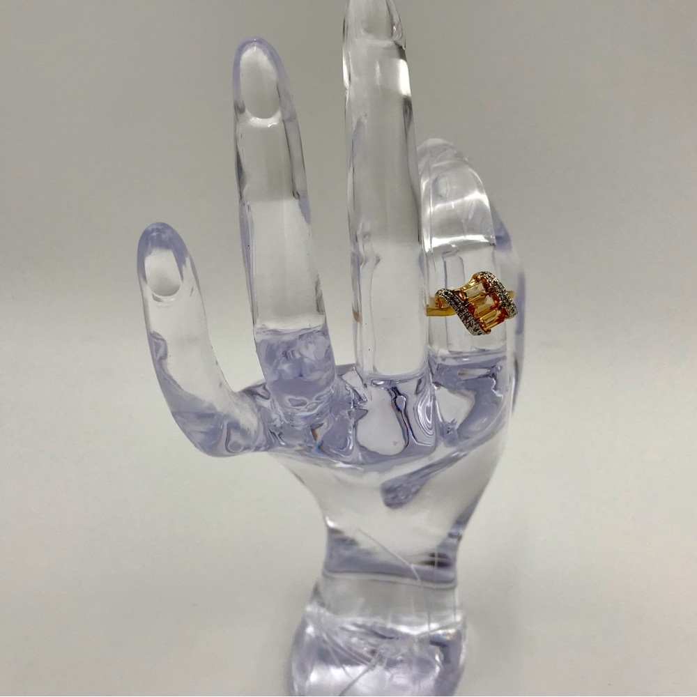 Designer jewelry Citrine baguettes & Diamond Scroll Ring in 14k Gold over Silver